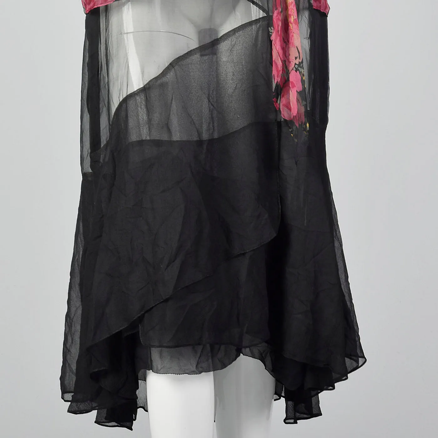 1930s Black Silk Slip Dress with Rose Print Top