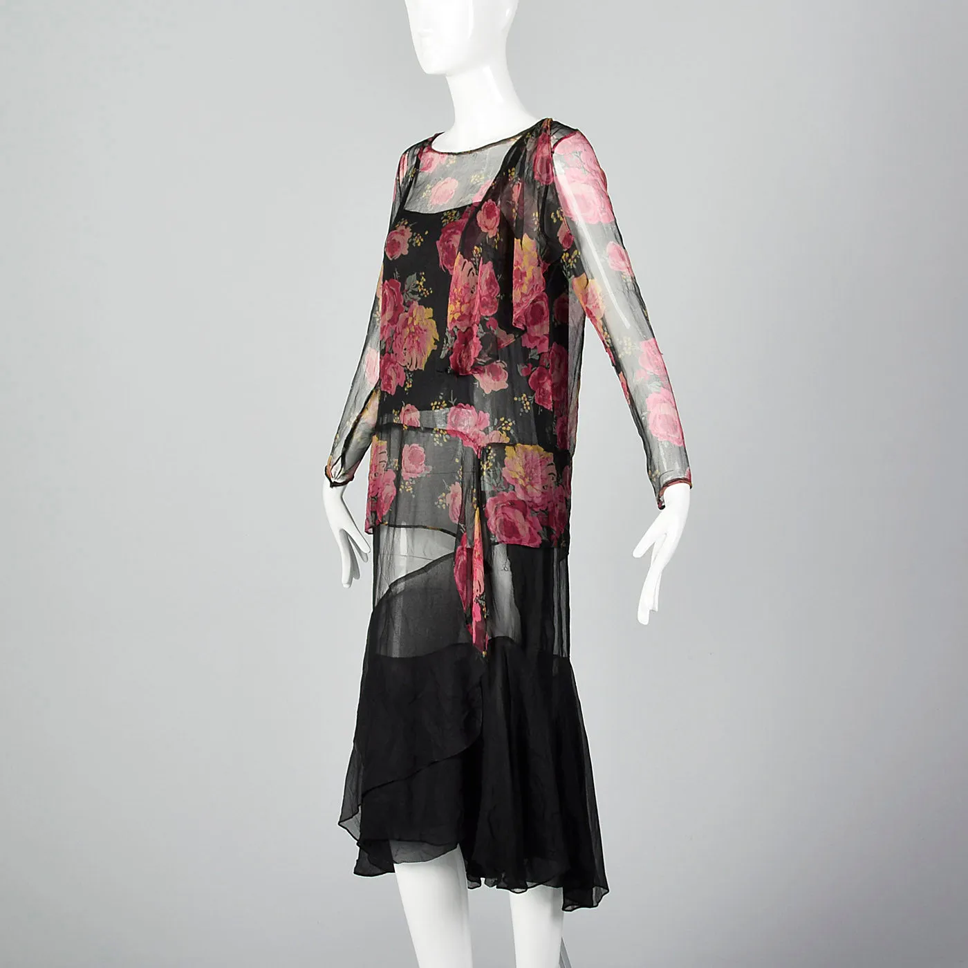 1930s Black Silk Slip Dress with Rose Print Top