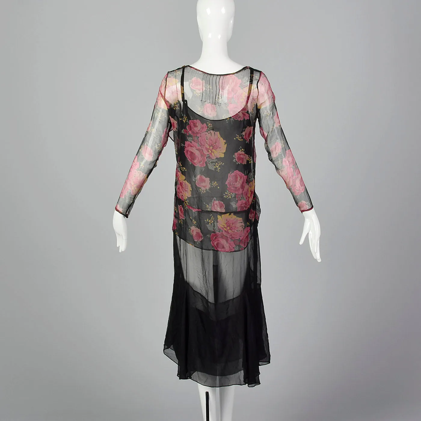 1930s Black Silk Slip Dress with Rose Print Top
