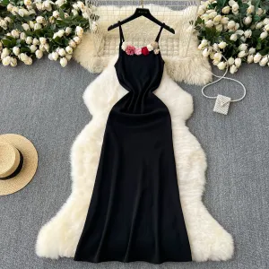 3d Floral Neckline Black Slip Dress