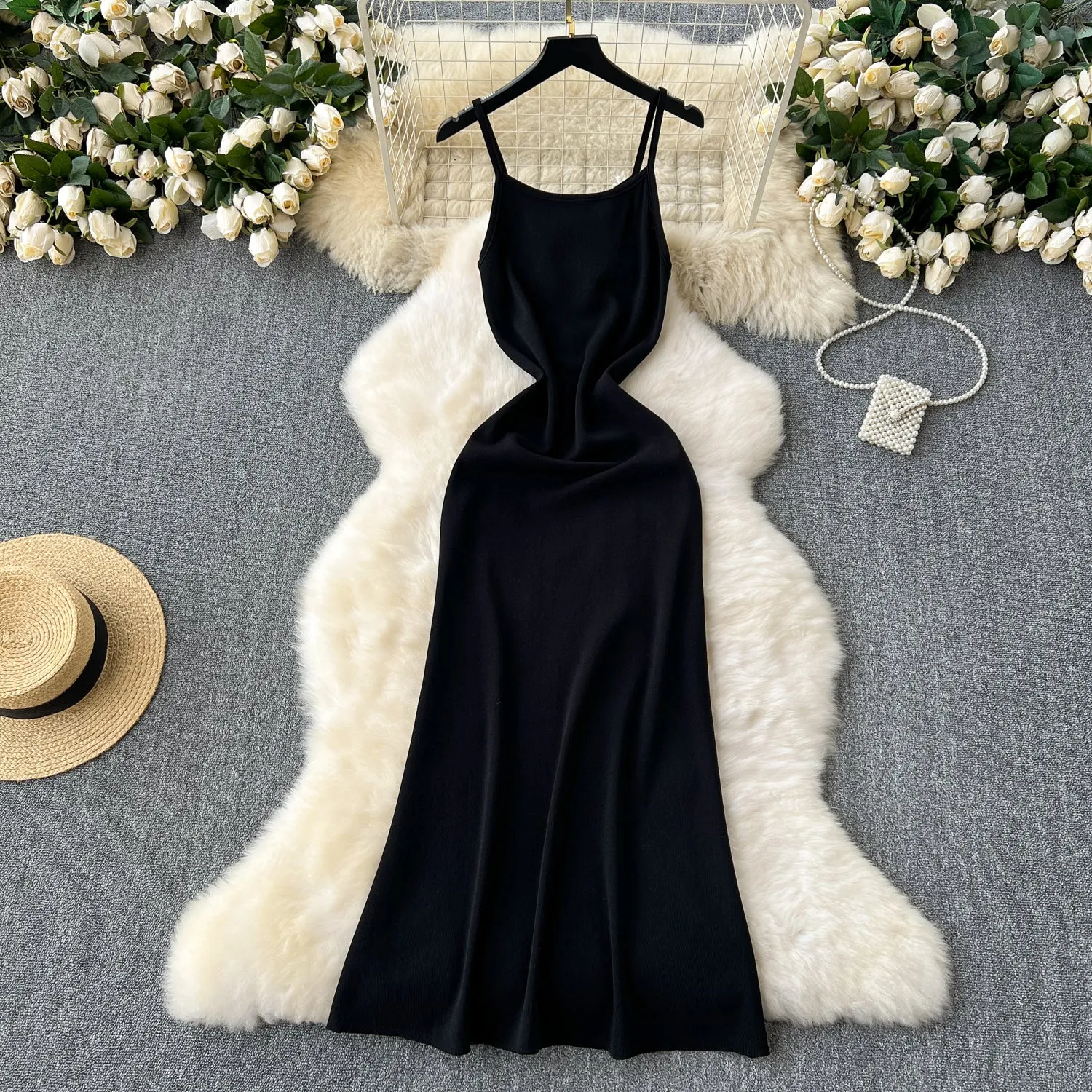 3d Floral Neckline Black Slip Dress