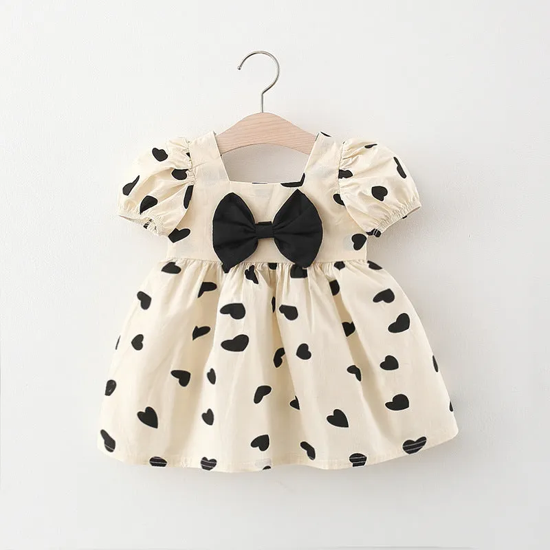 Baby Dress Cute Square Neck Heart Print Puff Sleeve Dress