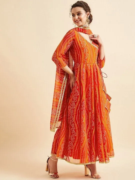 Bandhani Printed V-Neck Anarkali Ethnic Maxi Dress With Dupatta