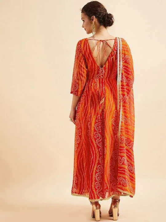 Bandhani Printed V-Neck Anarkali Ethnic Maxi Dress With Dupatta