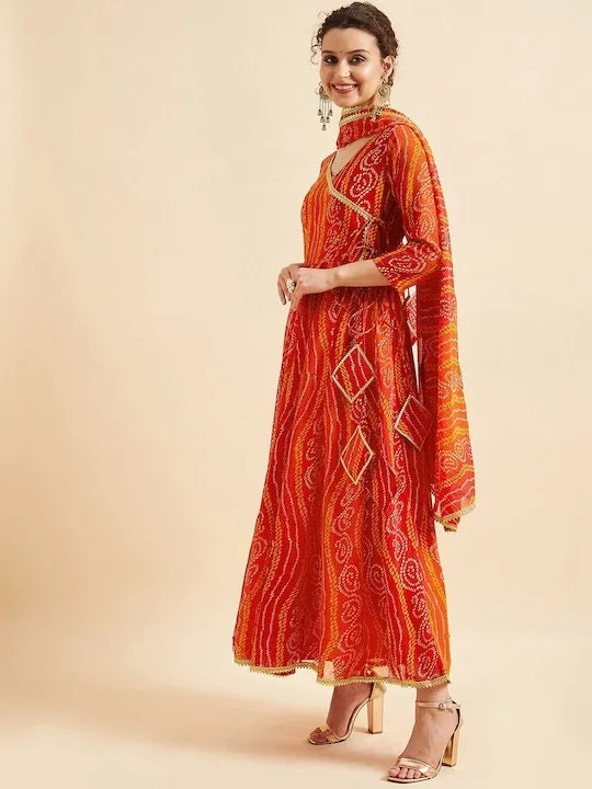Bandhani Printed V-Neck Anarkali Ethnic Maxi Dress With Dupatta