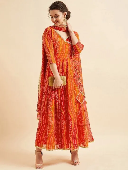 Bandhani Printed V-Neck Anarkali Ethnic Maxi Dress With Dupatta