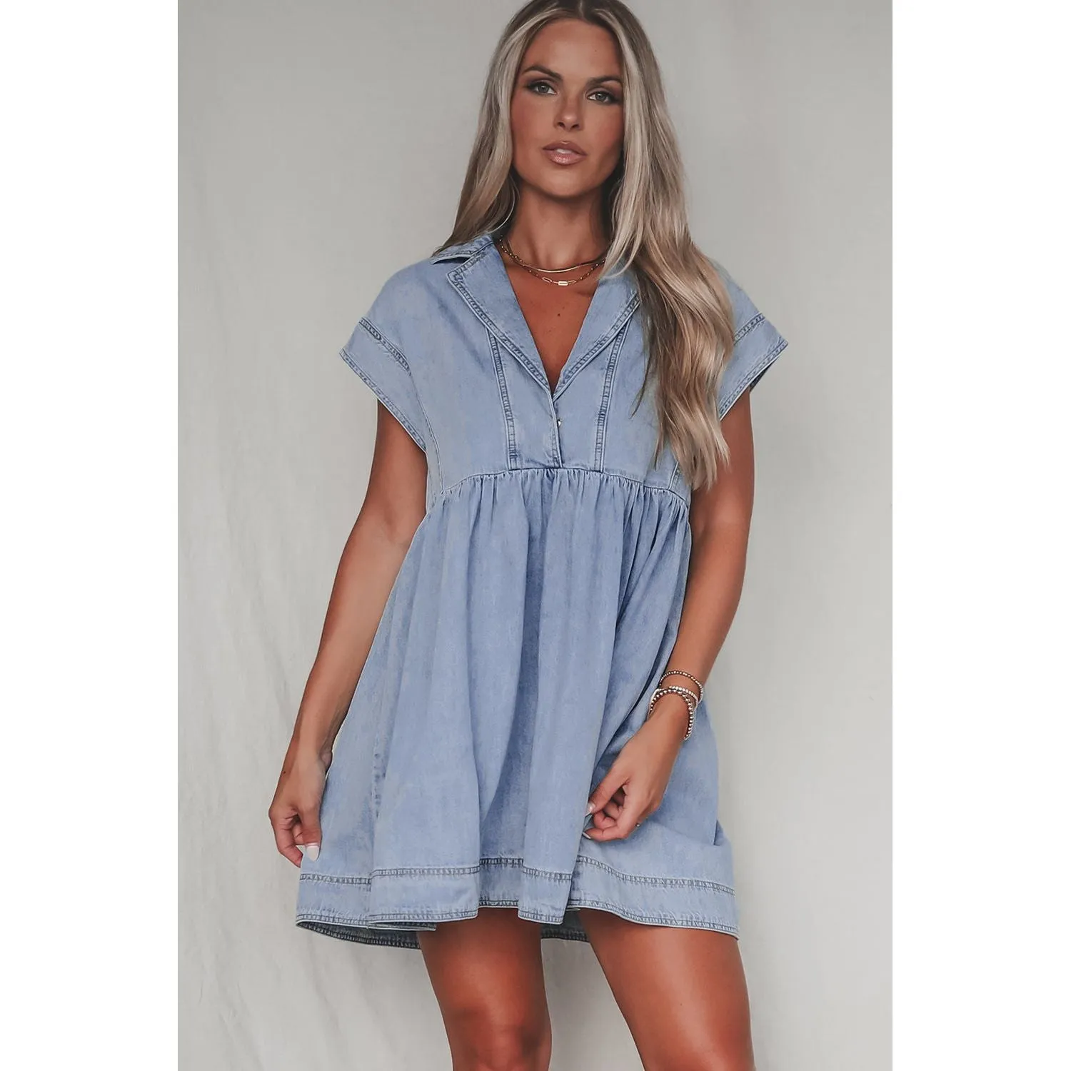 Beau Blue Lapel Neck Cap Sleeve High Waist Denim Babydoll Dress