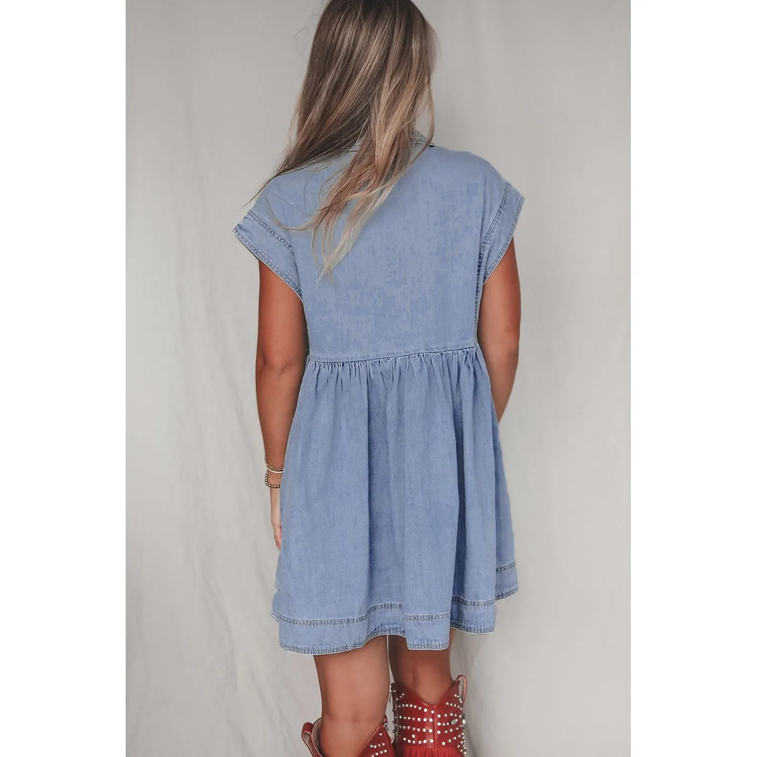 Beau Blue Lapel Neck Cap Sleeve High Waist Denim Babydoll Dress