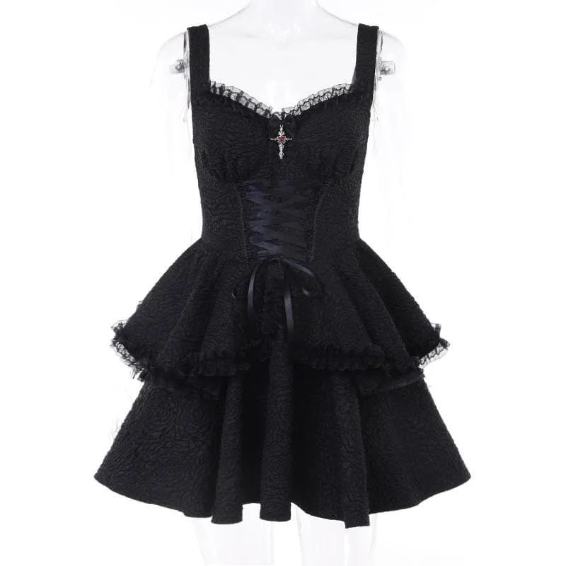 BerriesJam - Backless Lace Up Zip-Up Textured Solid Lace Hem Mini Dress | Gothic Dresses