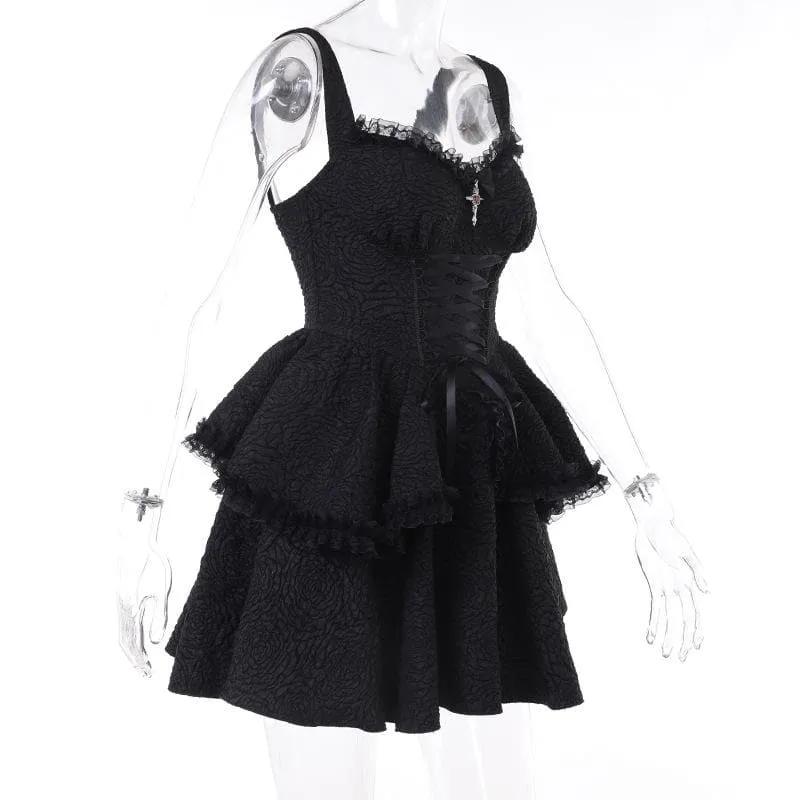 BerriesJam - Backless Lace Up Zip-Up Textured Solid Lace Hem Mini Dress | Gothic Dresses
