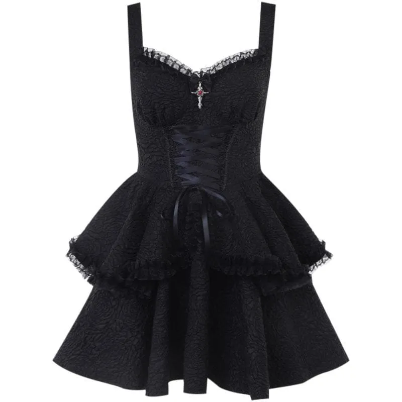 BerriesJam - Backless Lace Up Zip-Up Textured Solid Lace Hem Mini Dress | Gothic Dresses