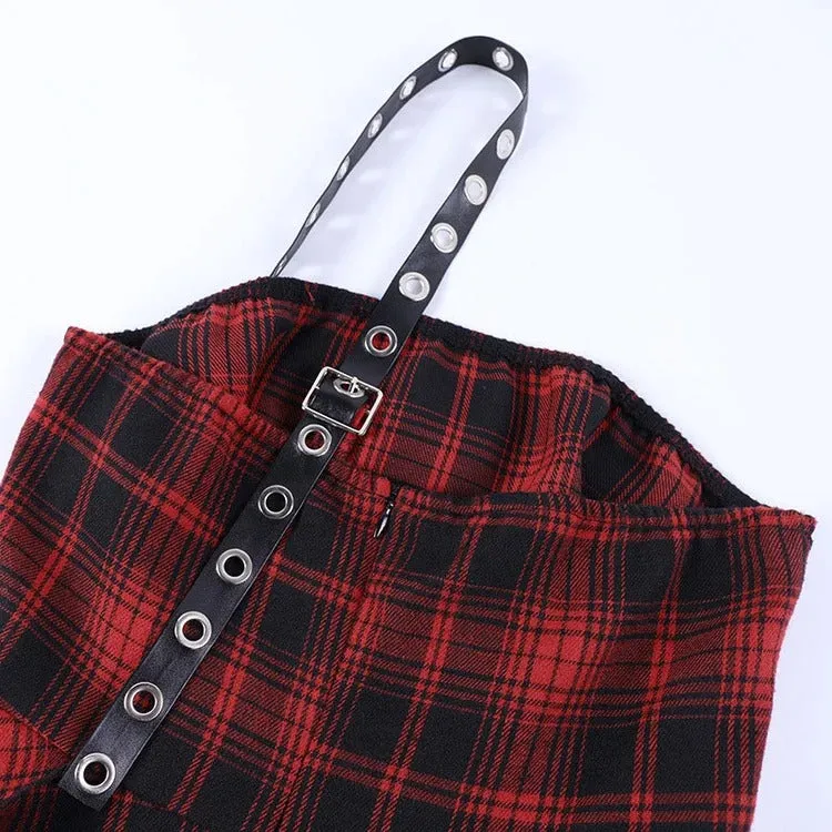 Bewitching Red Plaid Off-the-Shoulder Dress: A Gothic Rhapsody