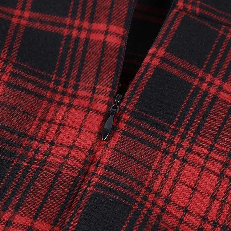 Bewitching Red Plaid Off-the-Shoulder Dress: A Gothic Rhapsody