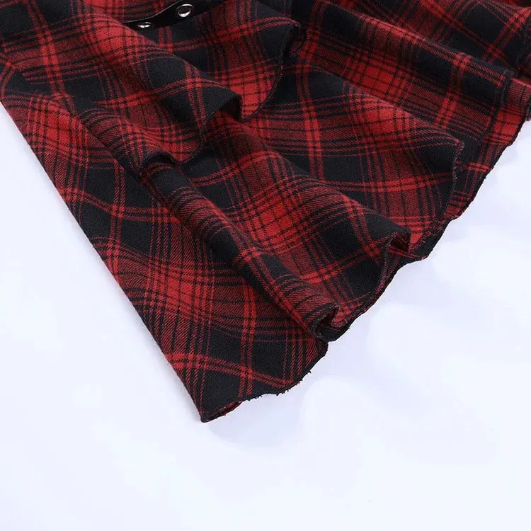Bewitching Red Plaid Off-the-Shoulder Dress: A Gothic Rhapsody