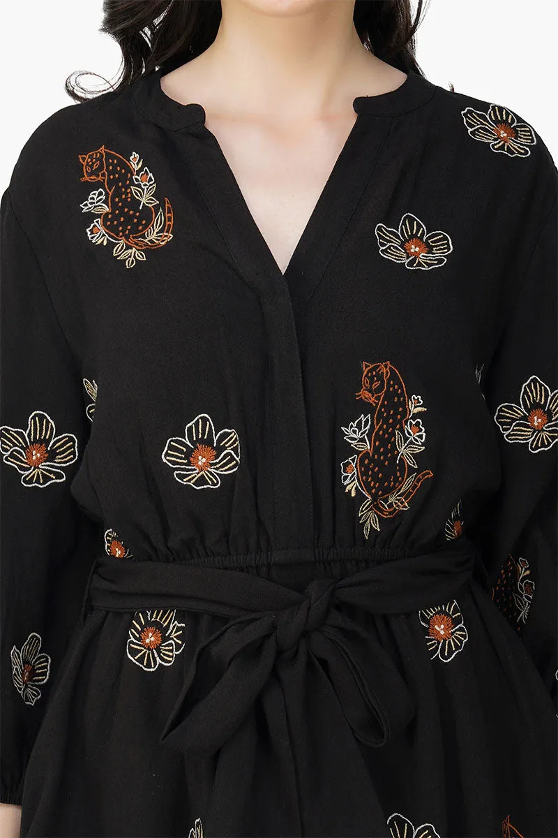 Black Safari Tiger Embroidered Short Dress