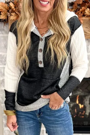 Black Textured Patchwork Kangaroo Pocket Henley Hoodie
