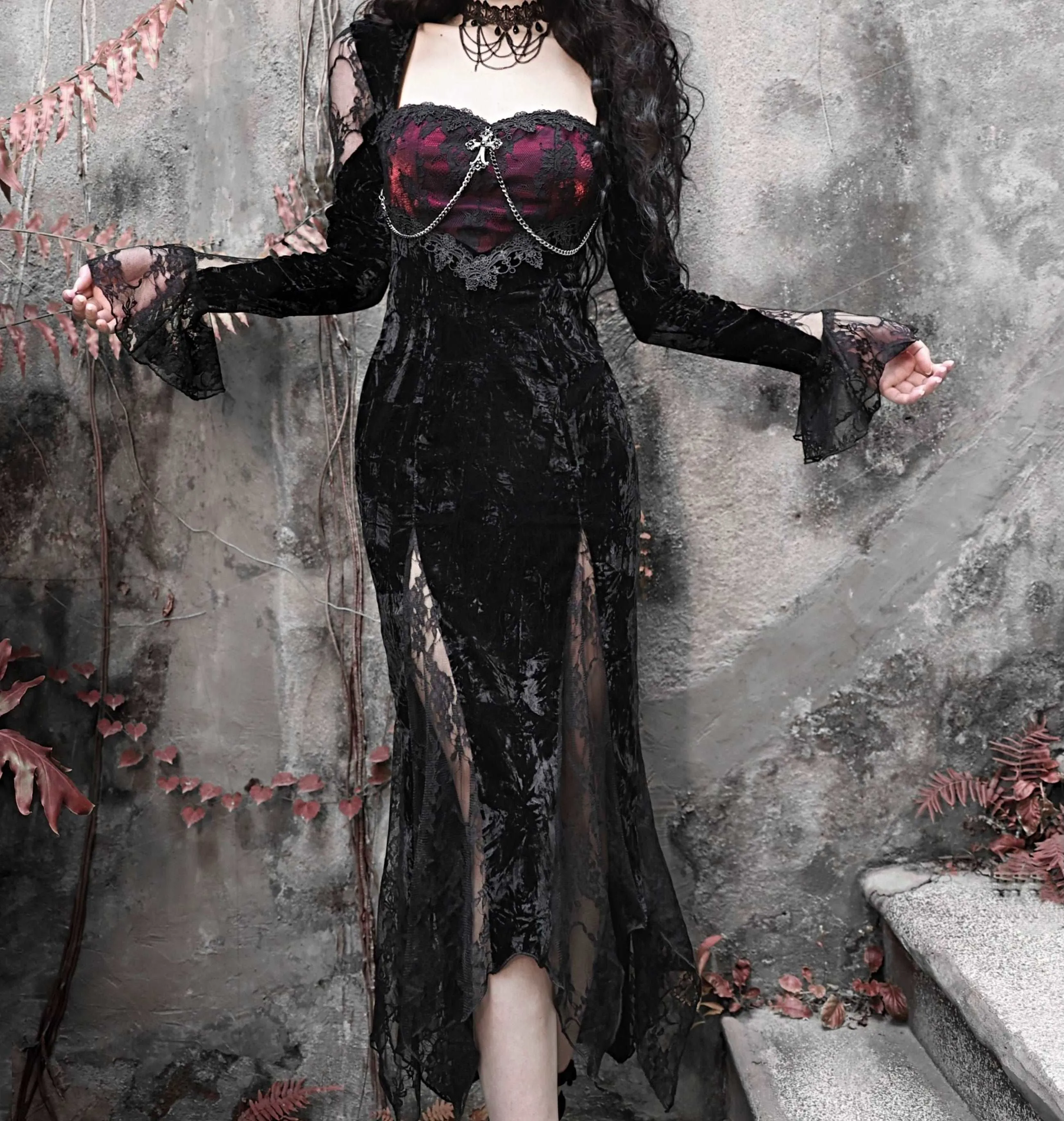 Blood Supply Dark Gothic Dream Rose Stitching Lace Velvet Fishtail Dress