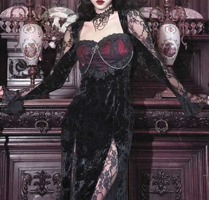 Blood Supply Dark Gothic Dream Rose Stitching Lace Velvet Fishtail Dress