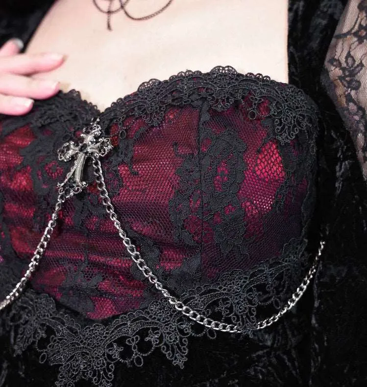 Blood Supply Dark Gothic Dream Rose Stitching Lace Velvet Fishtail Dress