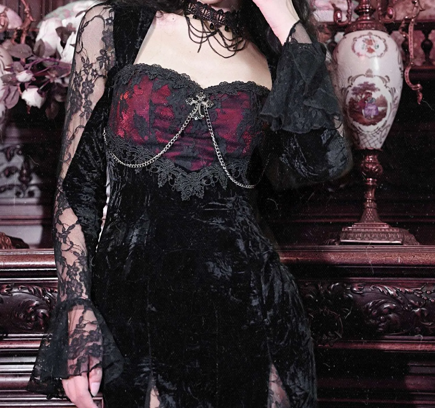 Blood Supply Dark Gothic Dream Rose Stitching Lace Velvet Fishtail Dress
