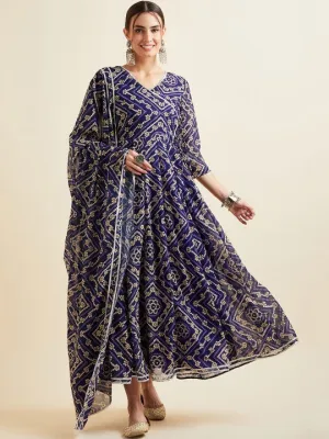 Blue Bandhani Printed V-Neck Anarkali Ethnic Maxi Dress With Dupatta