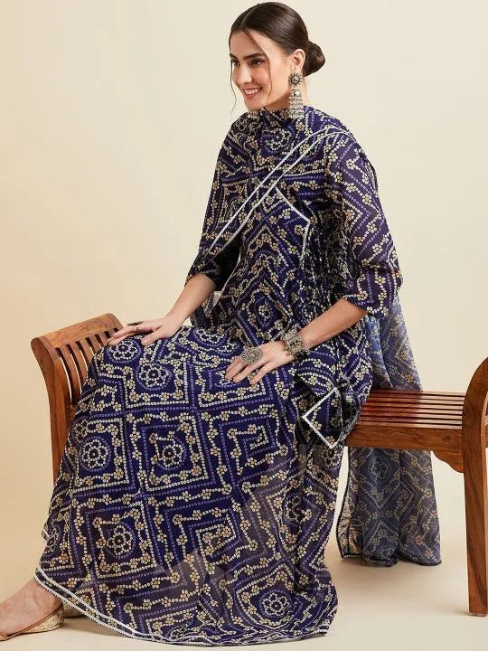 Blue Bandhani Printed V-Neck Anarkali Ethnic Maxi Dress With Dupatta