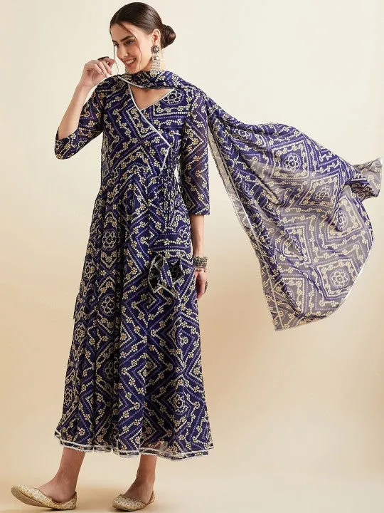 Blue Bandhani Printed V-Neck Anarkali Ethnic Maxi Dress With Dupatta