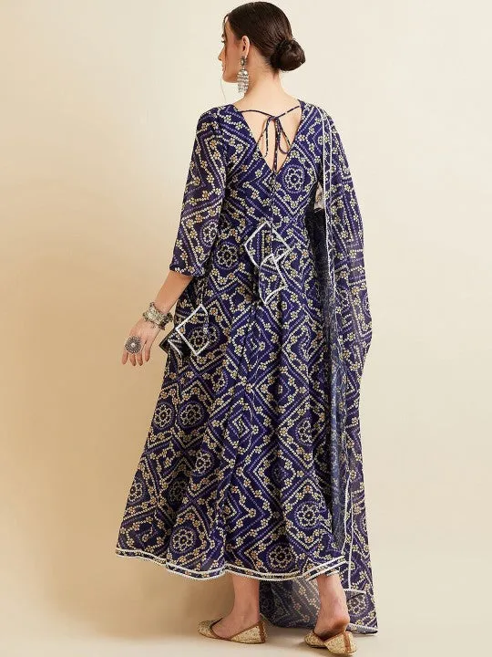 Blue Bandhani Printed V-Neck Anarkali Ethnic Maxi Dress With Dupatta