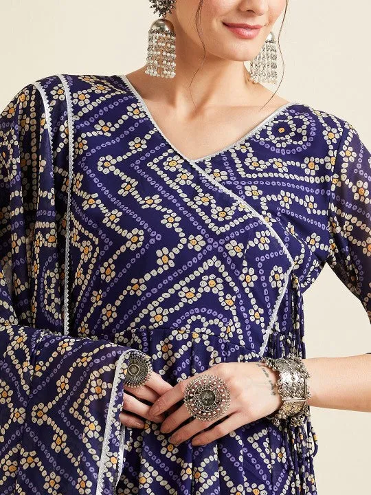 Blue Bandhani Printed V-Neck Anarkali Ethnic Maxi Dress With Dupatta