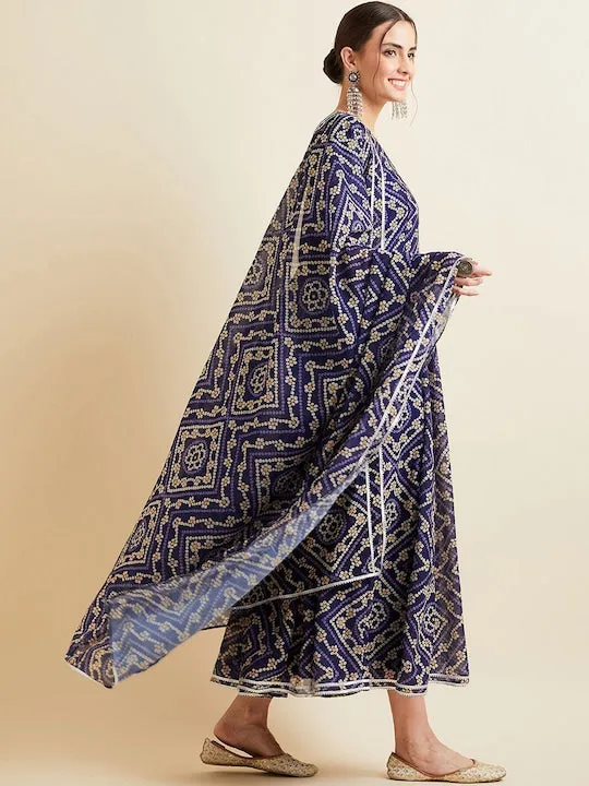 Blue Bandhani Printed V-Neck Anarkali Ethnic Maxi Dress With Dupatta
