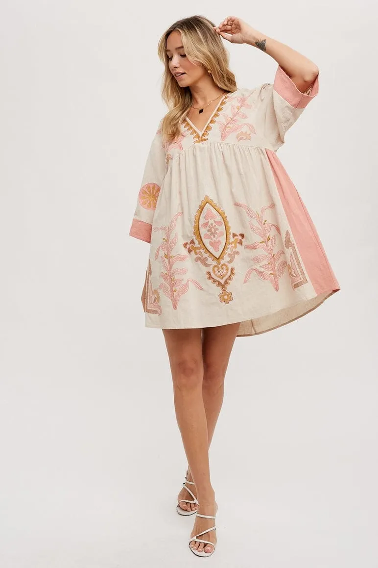 Bluivy Boho Embroidered Babydoll Dress, Pink