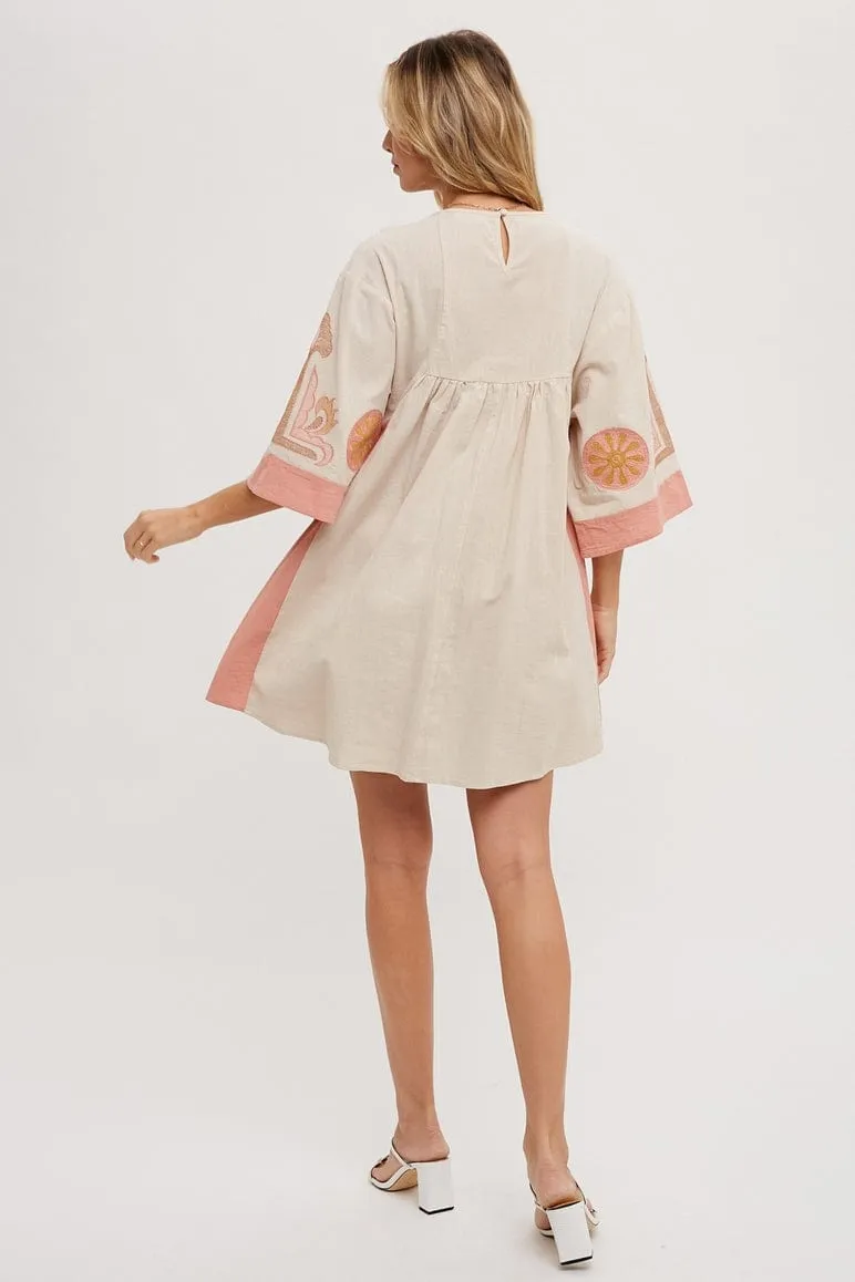 Bluivy Boho Embroidered Babydoll Dress, Pink