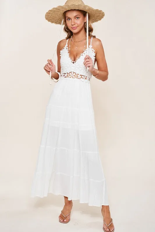 Boho Crochet Lace Tiered Lightweight Maxi Slip Dress