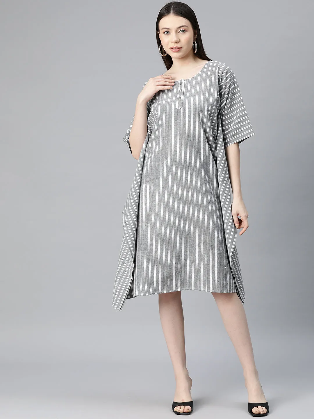 Cottinfab Women Striped Kimono Sleeve Cotton Kaftan Midi Dress