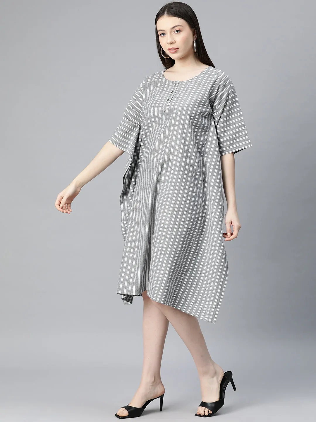 Cottinfab Women Striped Kimono Sleeve Cotton Kaftan Midi Dress