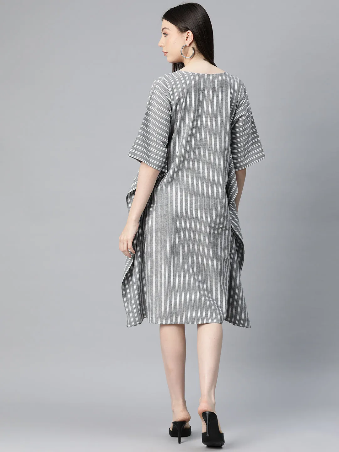 Cottinfab Women Striped Kimono Sleeve Cotton Kaftan Midi Dress