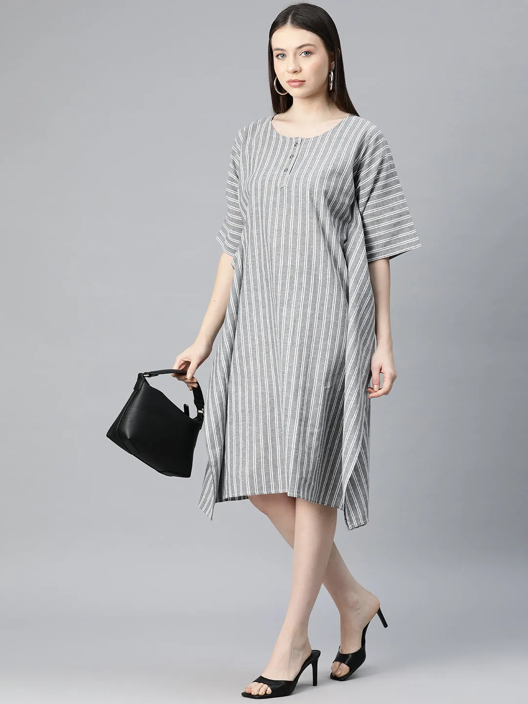 Cottinfab Women Striped Kimono Sleeve Cotton Kaftan Midi Dress
