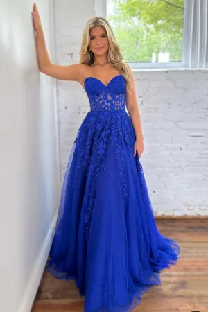 Cute A Line Sweetheart Royal Blue Tulle Long Prom Dresses with Lace