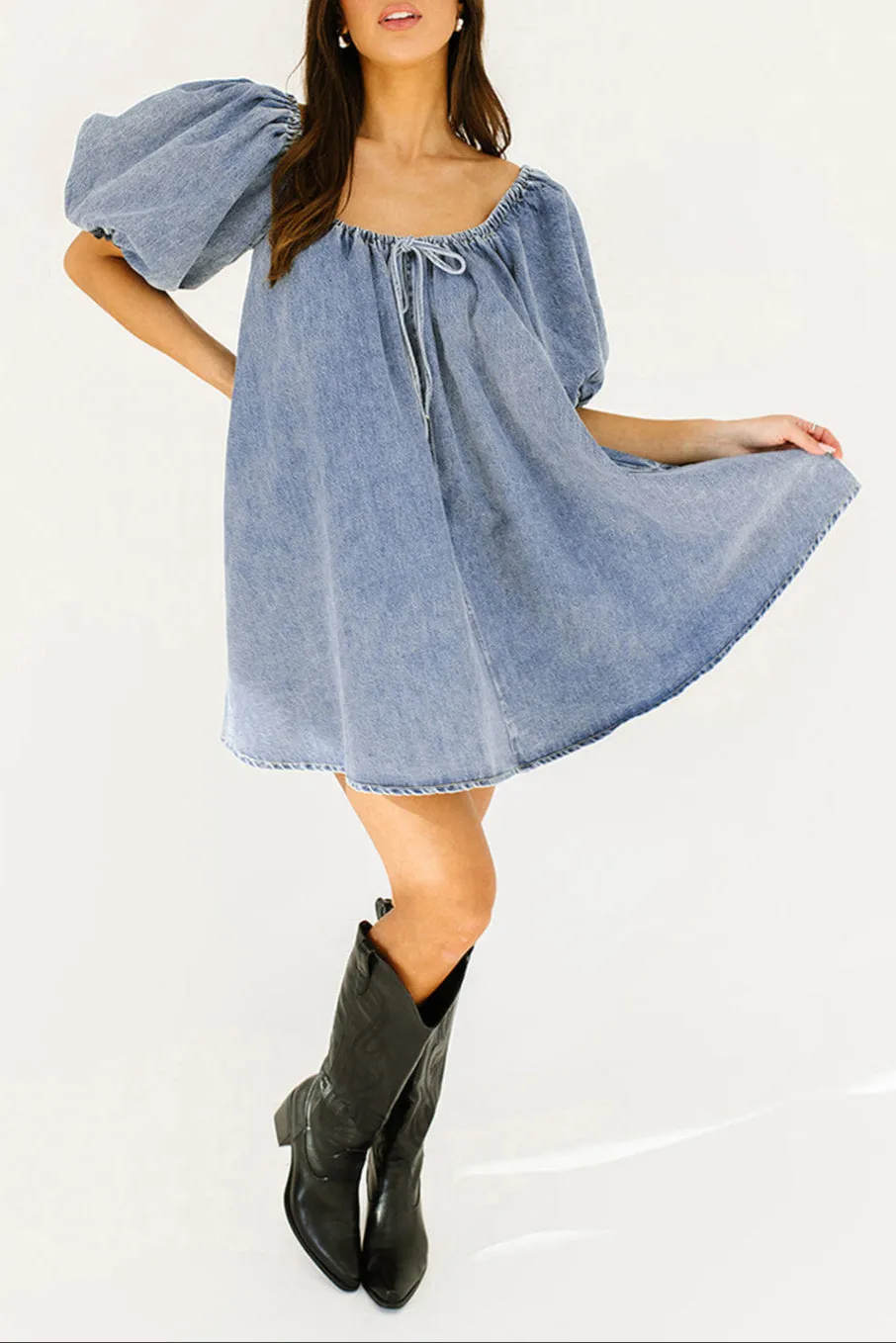 Denim Bubble Sleeve Babydoll Dress