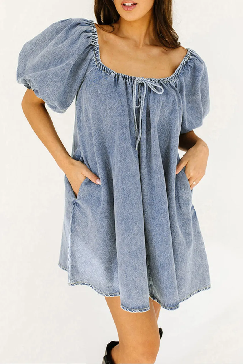 Denim Bubble Sleeve Babydoll Dress