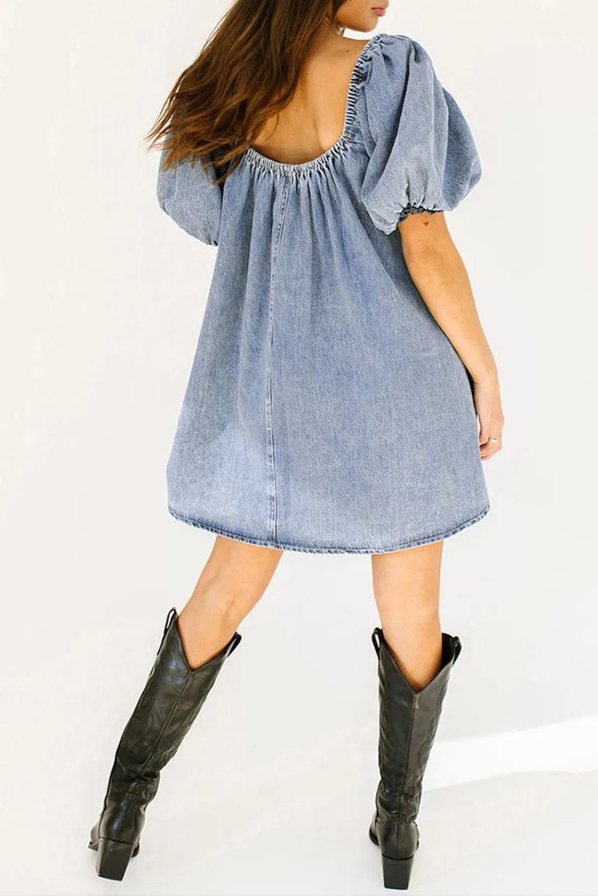 Denim Bubble Sleeve Babydoll Dress