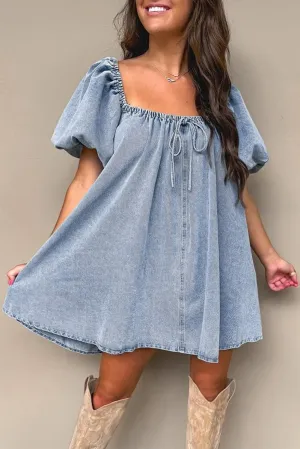 Denim Bubble Sleeve Babydoll Dress