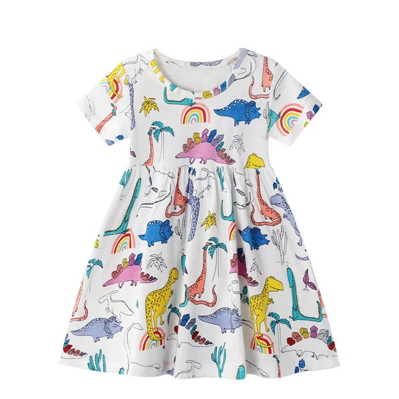 Dino and Rainbow Pattern Short Sleeve Girls Summer Tutu Dress