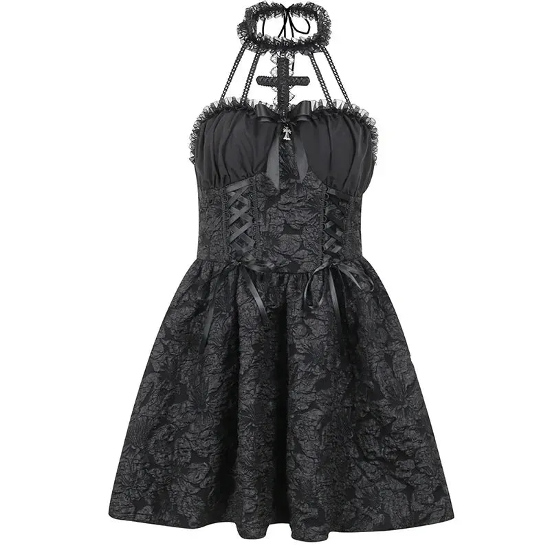 Floral Mini Y2K Lace Up Sexy Backless Halter Lace Sleeveless Jacquard Luxury Fairy Bodycon Gothic Dress