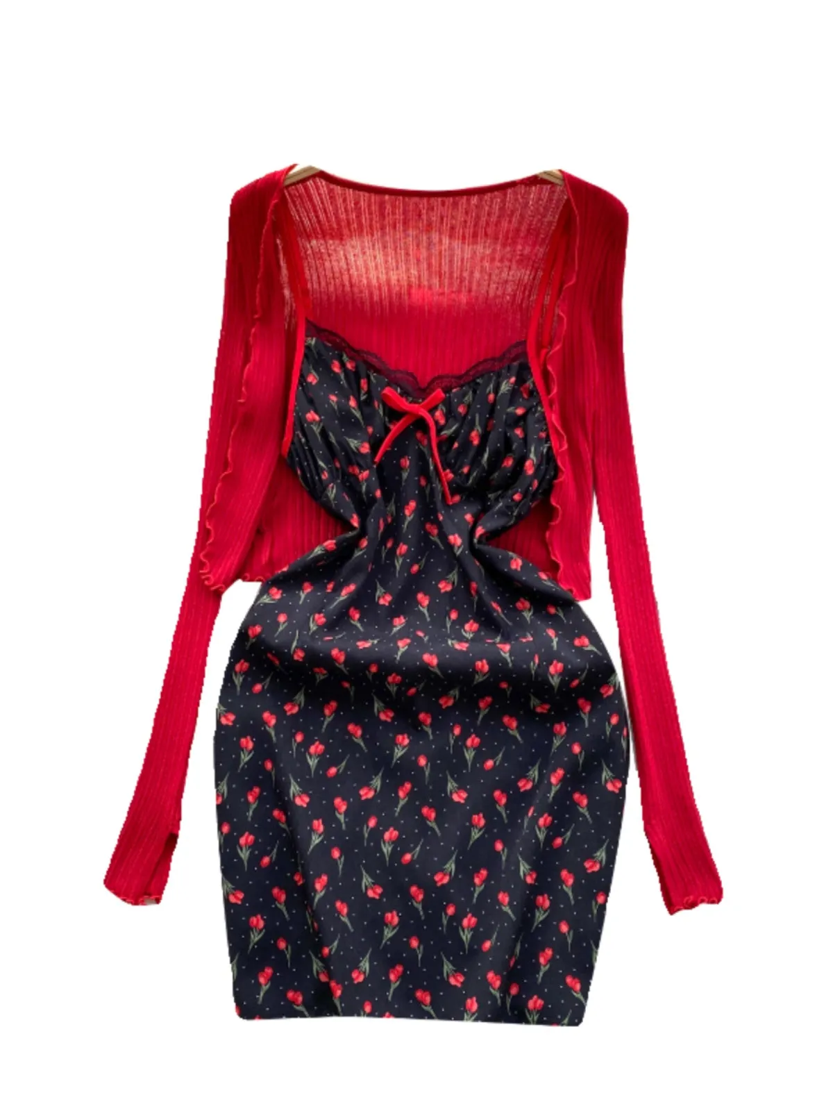 Floral Slip Dress&Red Cardigan 2Pcs