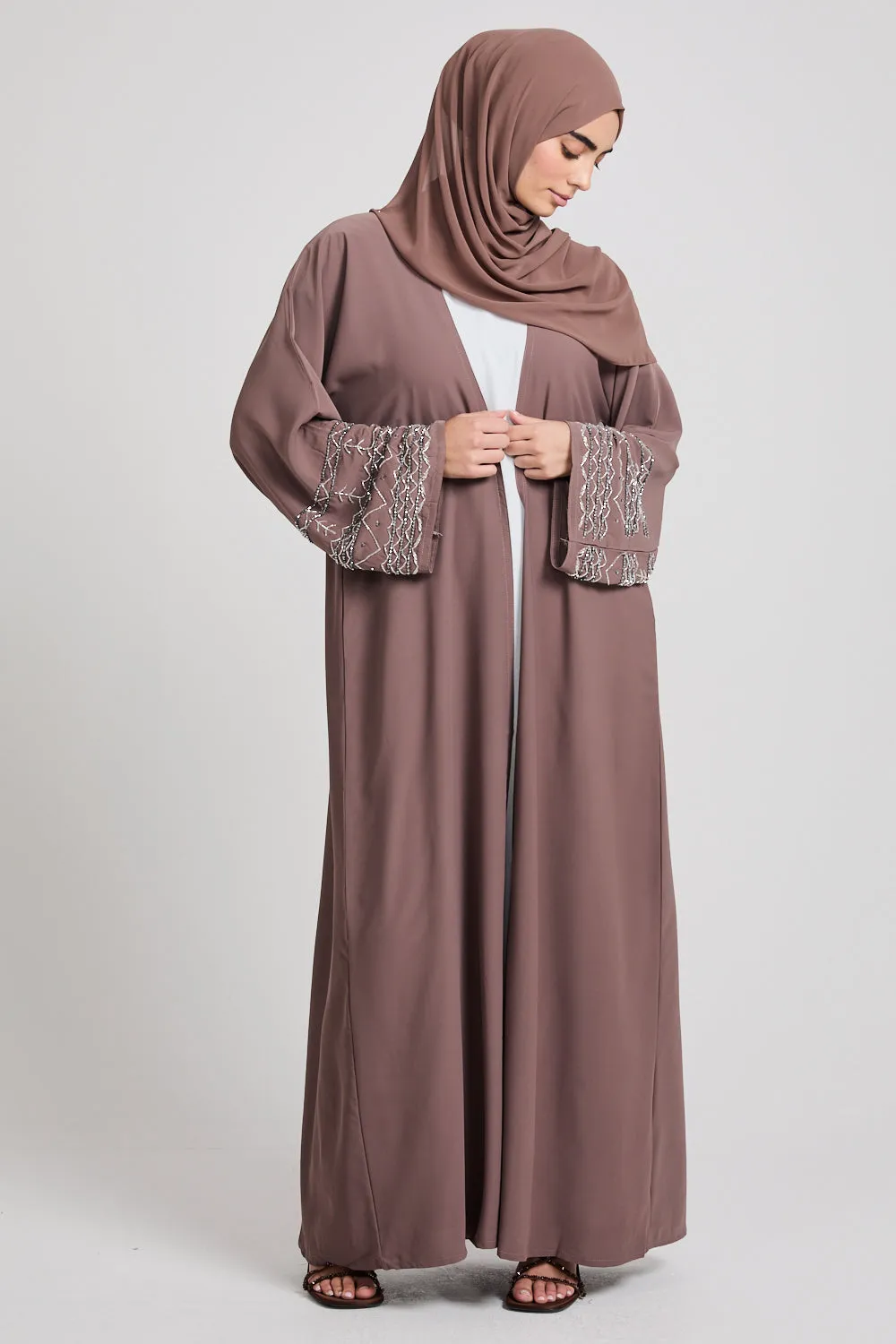 Four Piece Embellished Cuff Open Abaya Set - Almond Brown