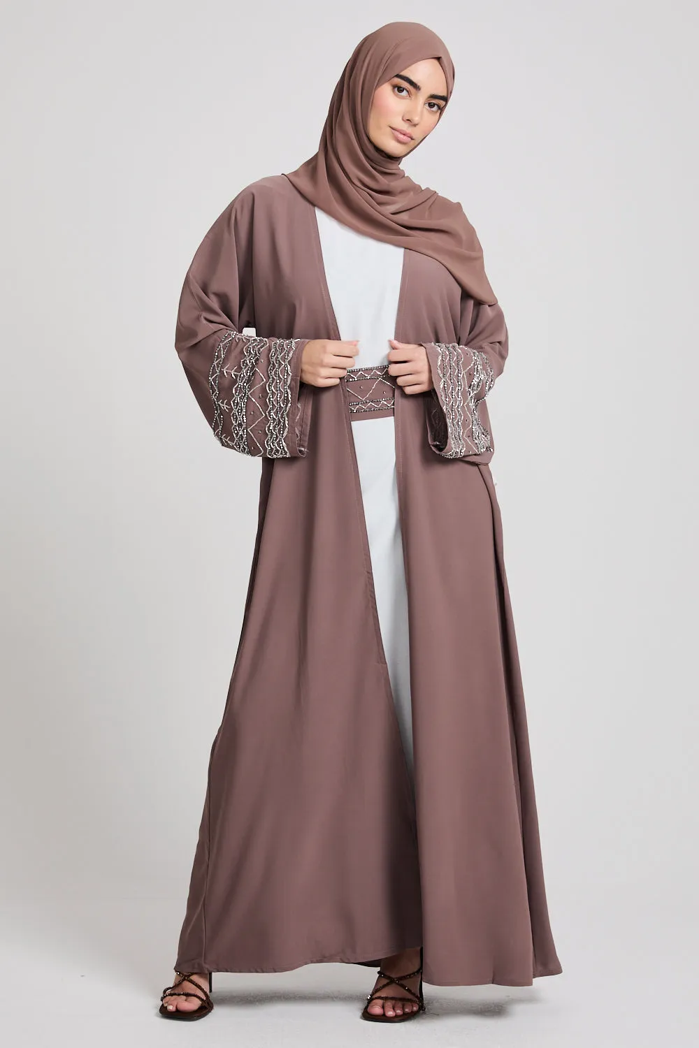 Four Piece Embellished Cuff Open Abaya Set - Almond Brown