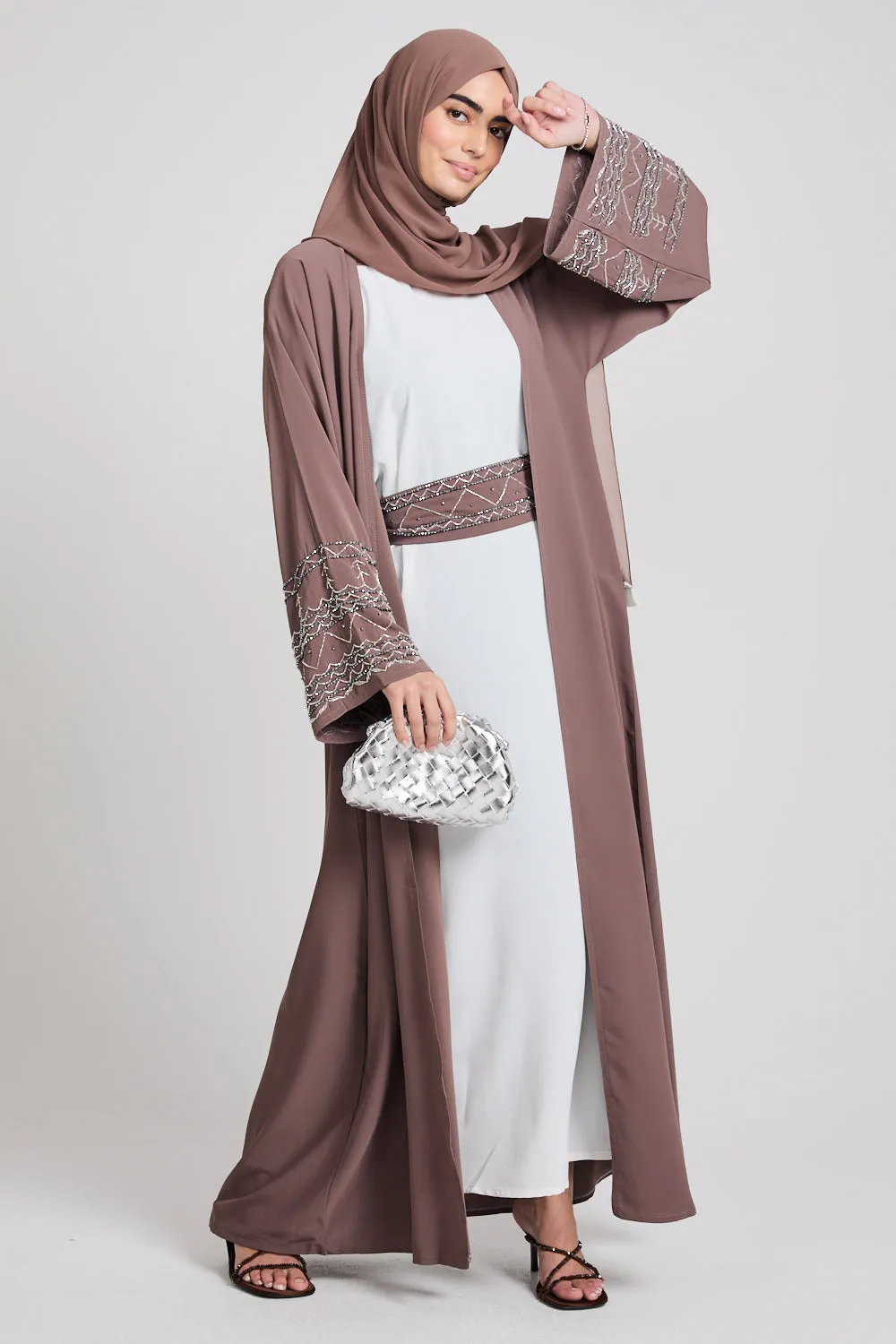Four Piece Embellished Cuff Open Abaya Set - Almond Brown