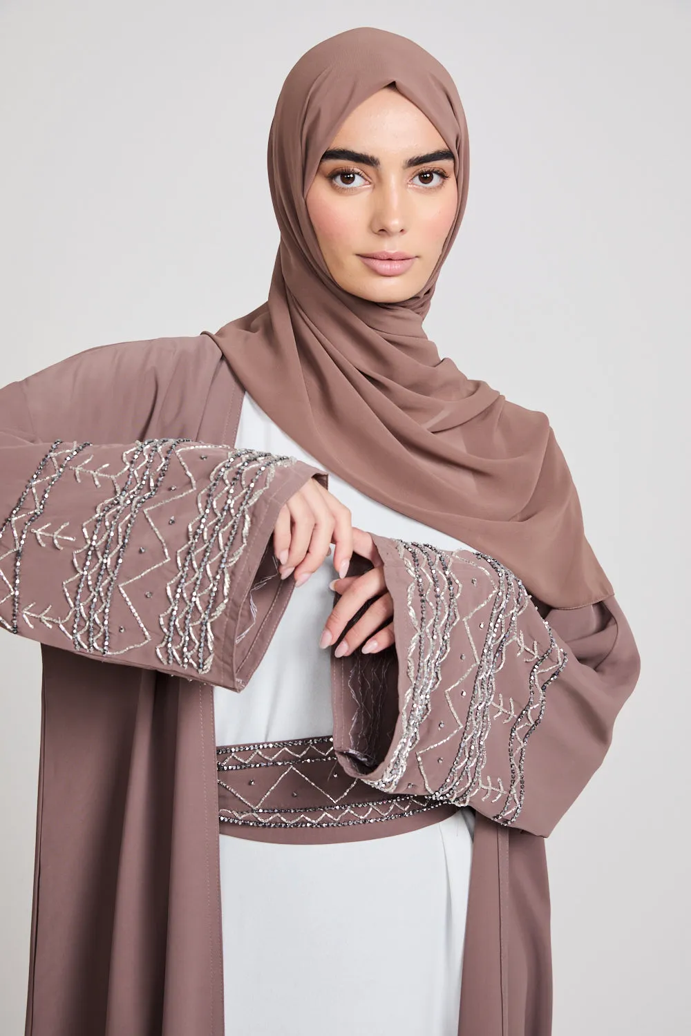Four Piece Embellished Cuff Open Abaya Set - Almond Brown