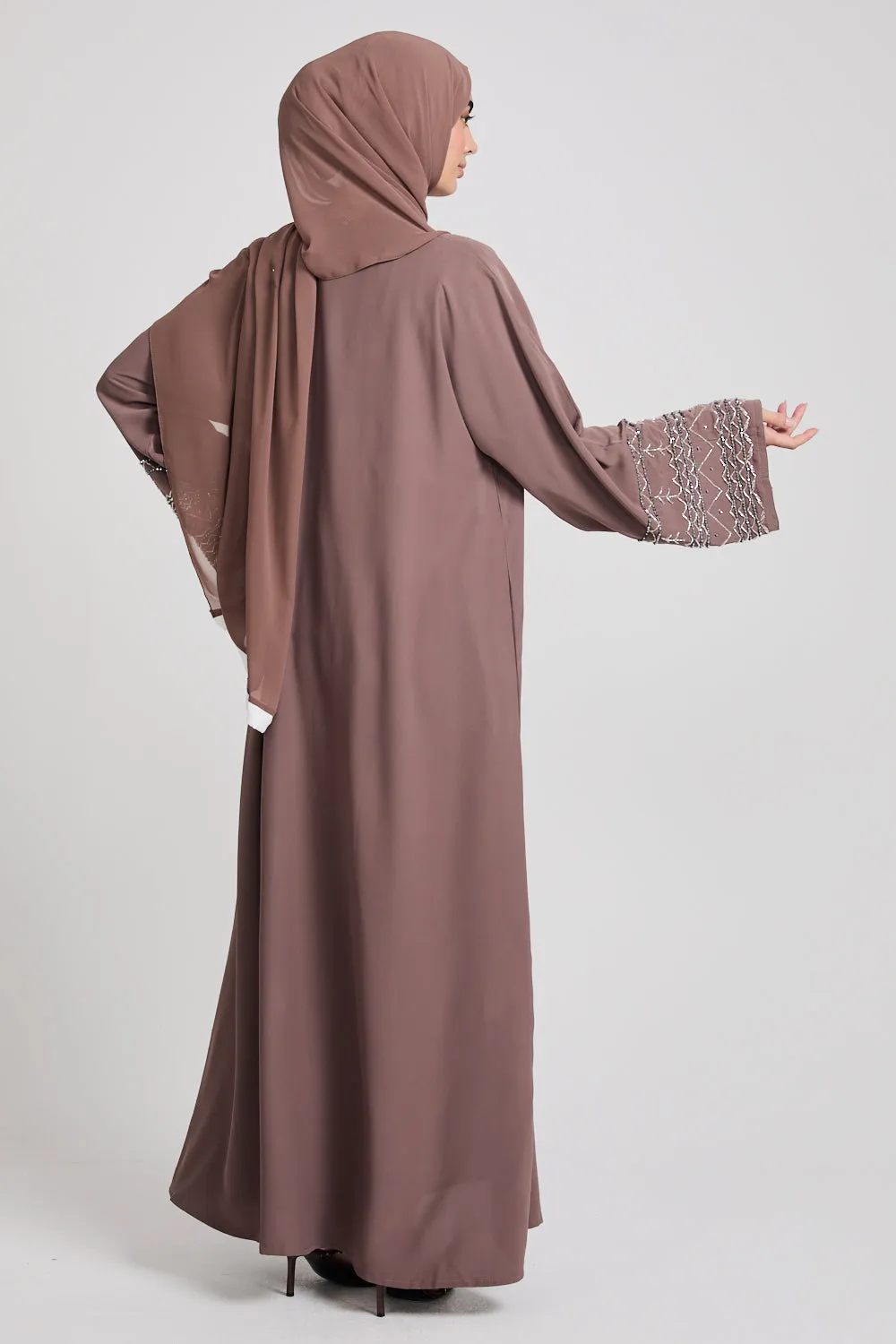 Four Piece Embellished Cuff Open Abaya Set - Almond Brown